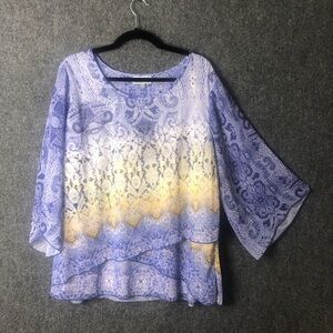 JM collection women’s 1X Elegant Blue and Yellow Paisley Women's Top